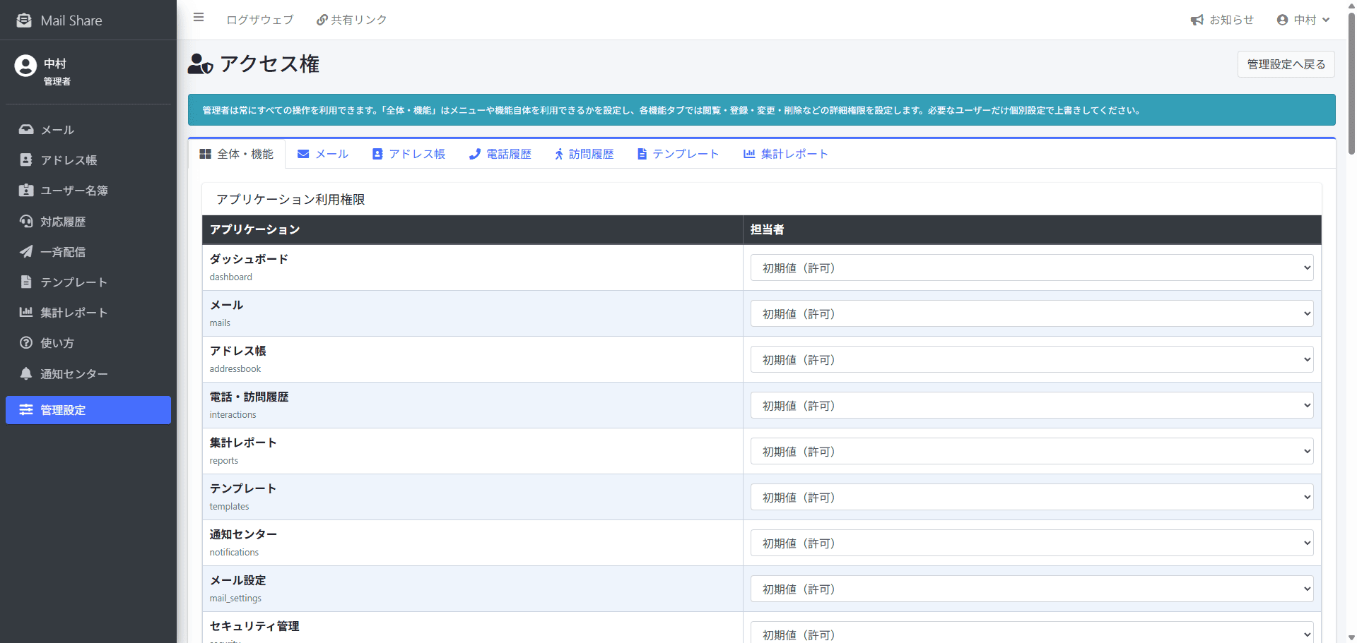 MailShareの全体・機能アクセス権設定