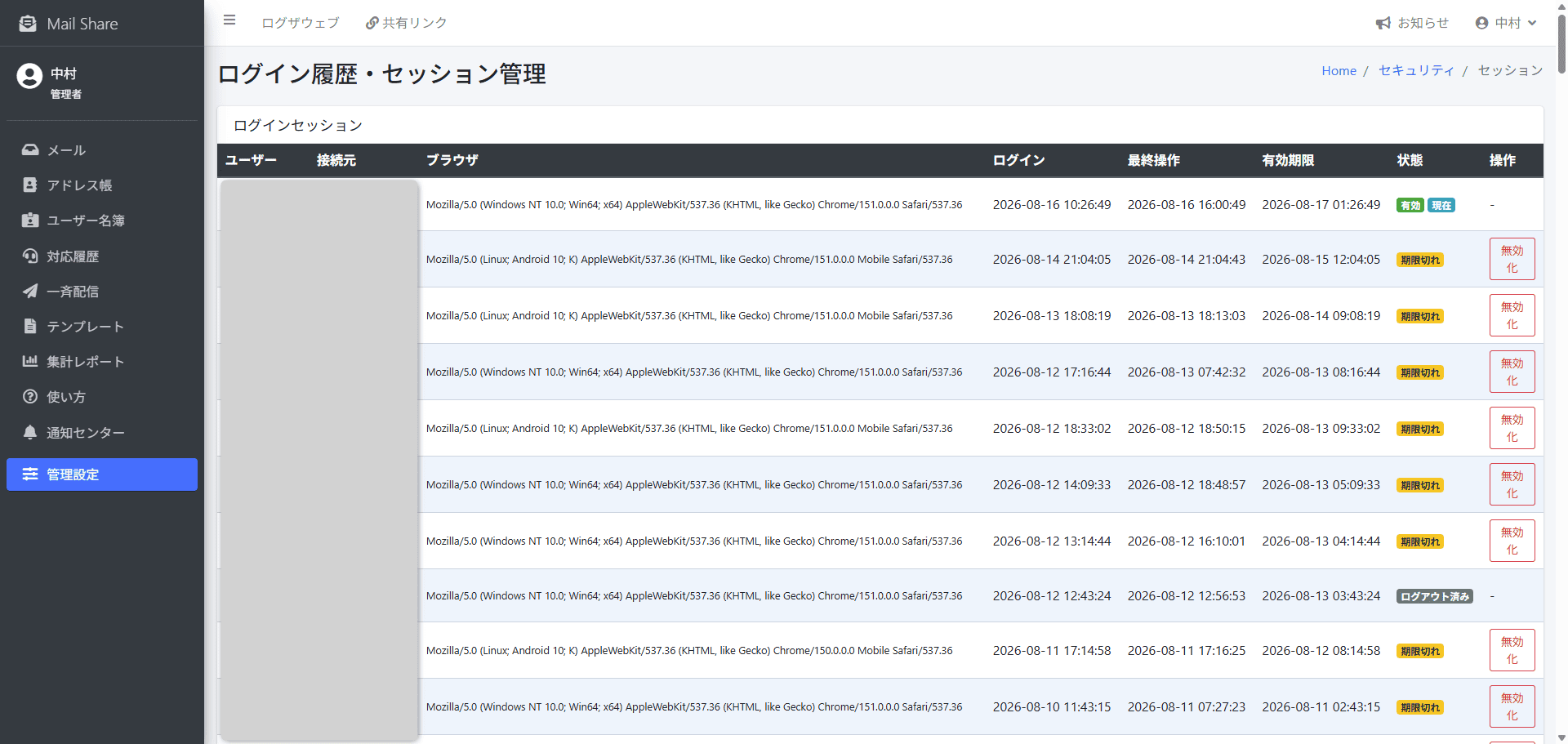 MailShareのログインセッション一覧画面