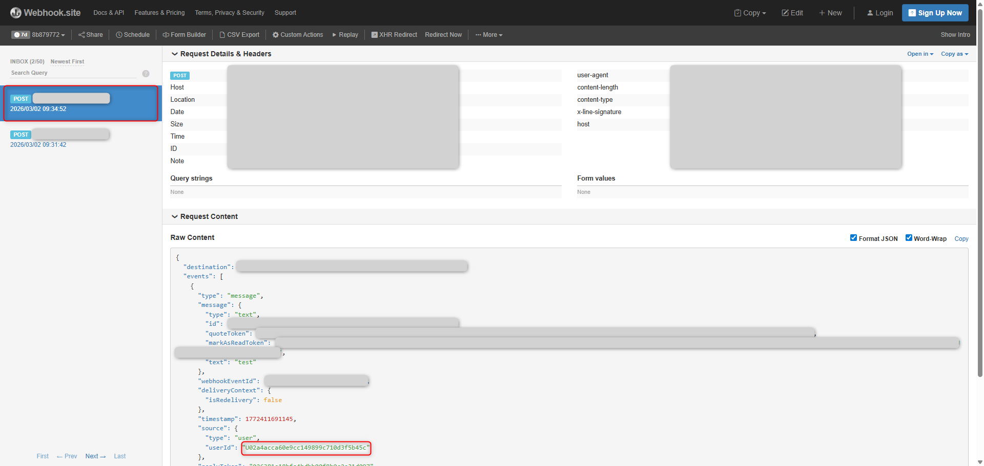 Webhookにuseridが表示される